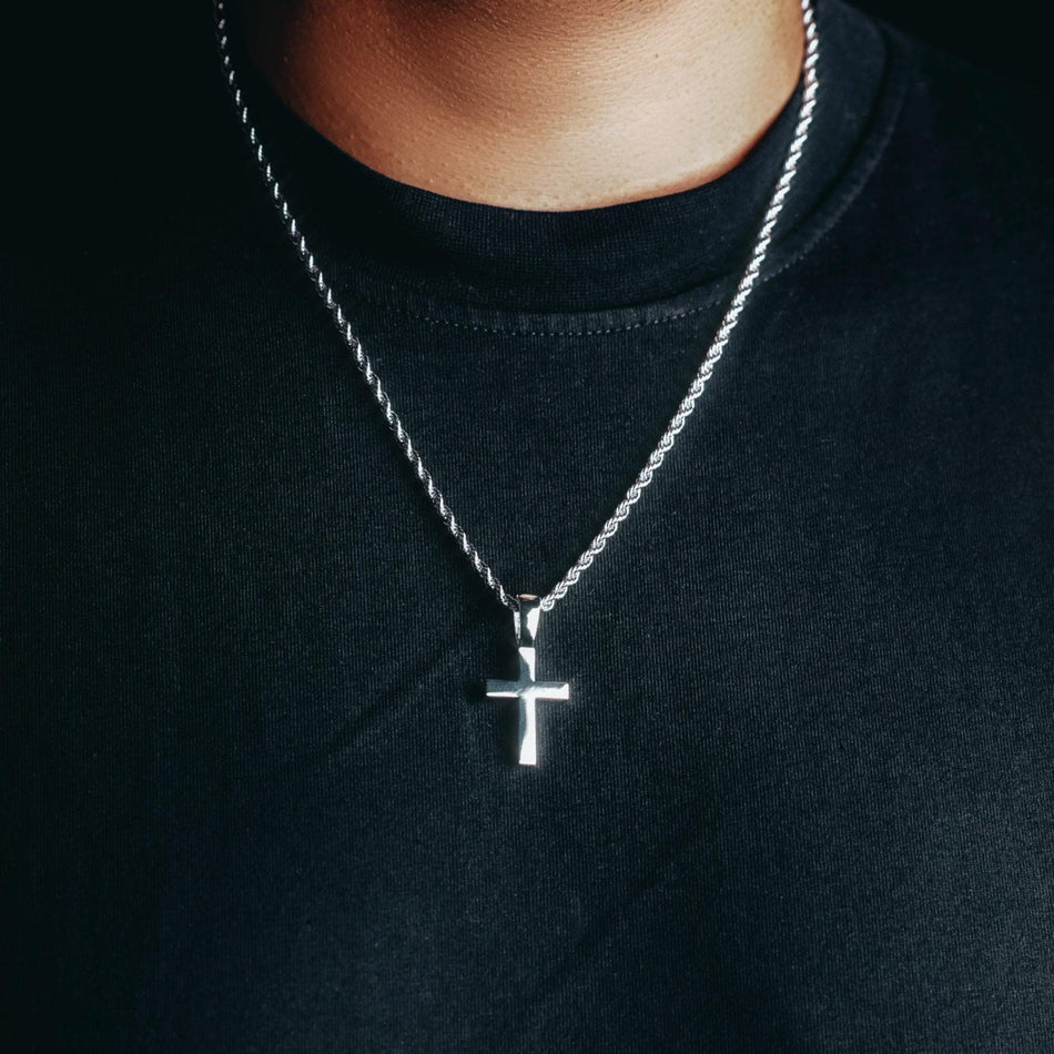 Solid 14K White Gold Nugget Cross, Mens Gold Cross Pendant Large 2.5